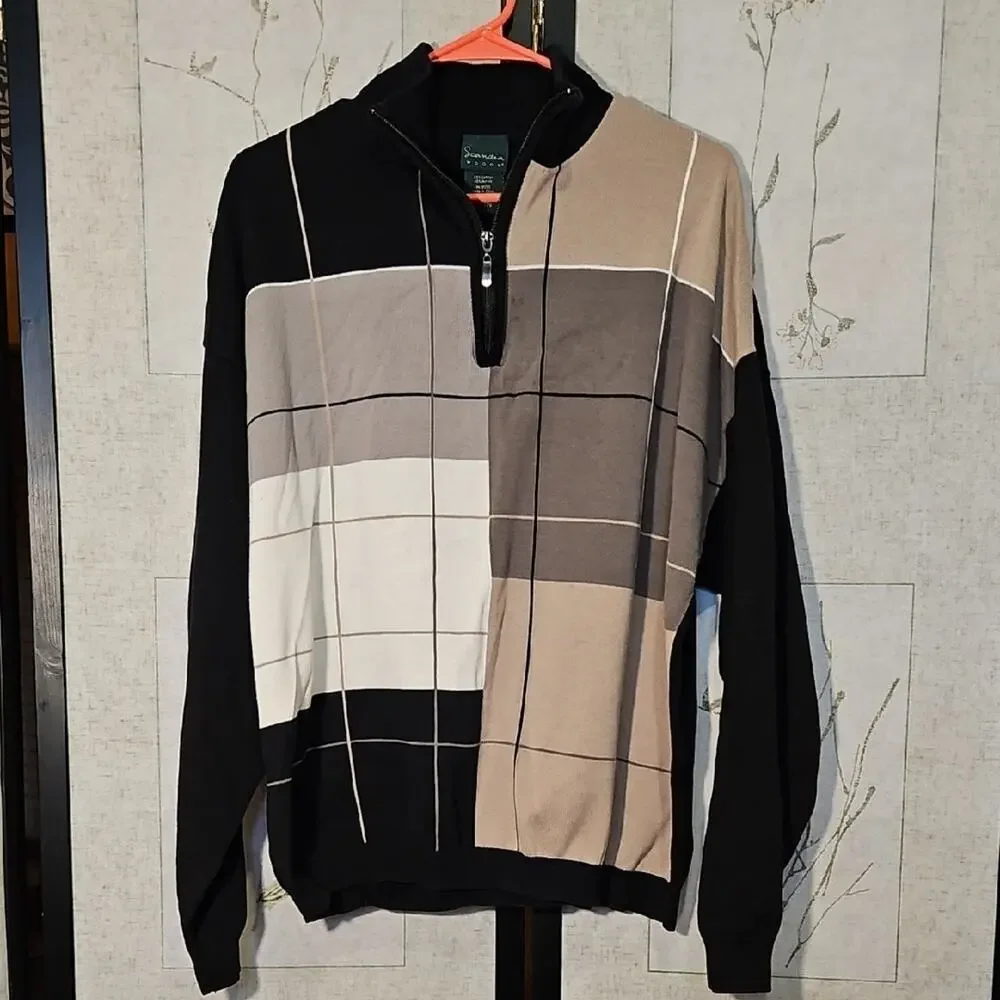 Black and Tan Zip Up Sweater with Geometric Pattern